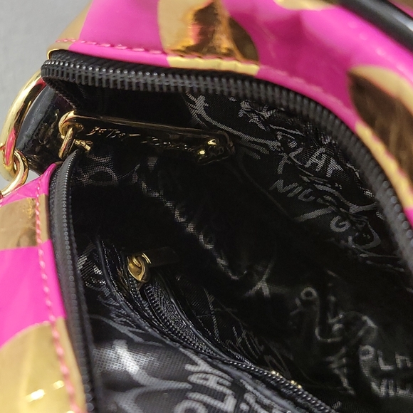 Betsey Johnson Pink Handbag with Gold Polka Dots and Black Bow and Strap - Picture 8 of 12